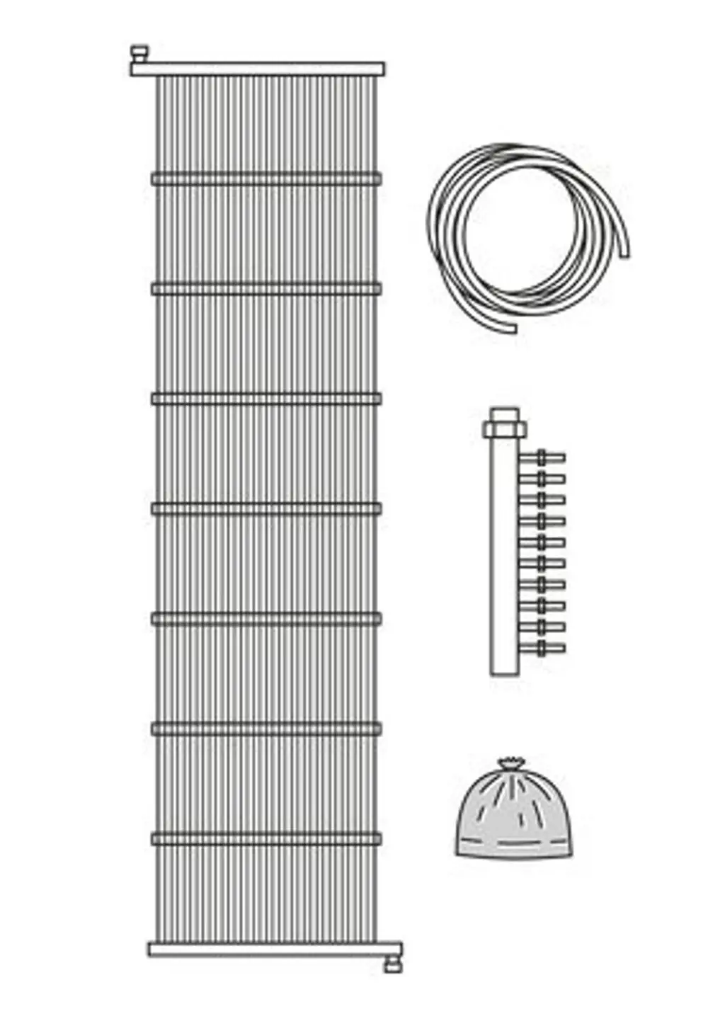 Schematik eines Kompaktkollektors mit mehreren Röhren, einem Anschlussstück und einem Schlauch, geeignet für Vaillant Sole/Wasser-Wärmepumpen.